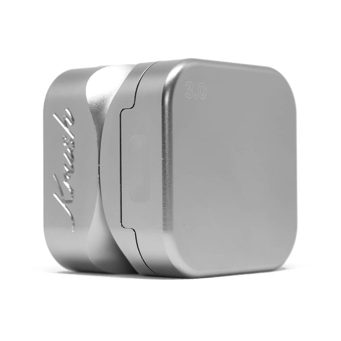 Krush Kube 3.0 Aluminium Grinder 3 Parts 55 mm Steel Grey standing on its side.