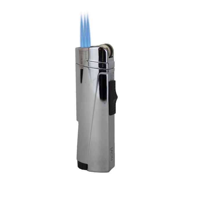 Novi Torch Jet Lighter Silver with blue flame.