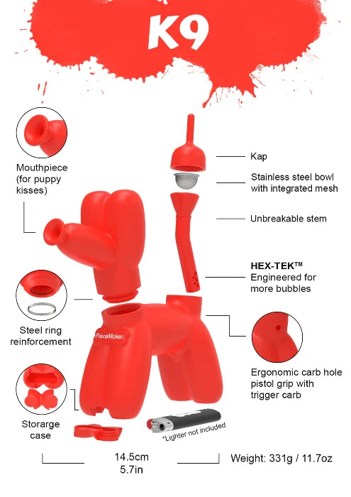 PieceMaker K9 Silicone Water Pipe exploded view with parts surrounding.