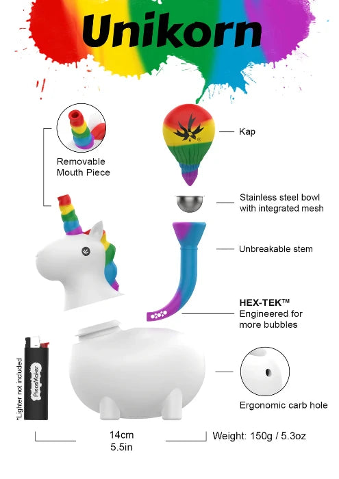 PieceMaker Unikorn Silicone Water Pipe exploded view with parts surrounding.