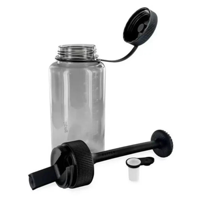 Puffco Budsy Water Bottle Bong standing open, with its parts scattered around.