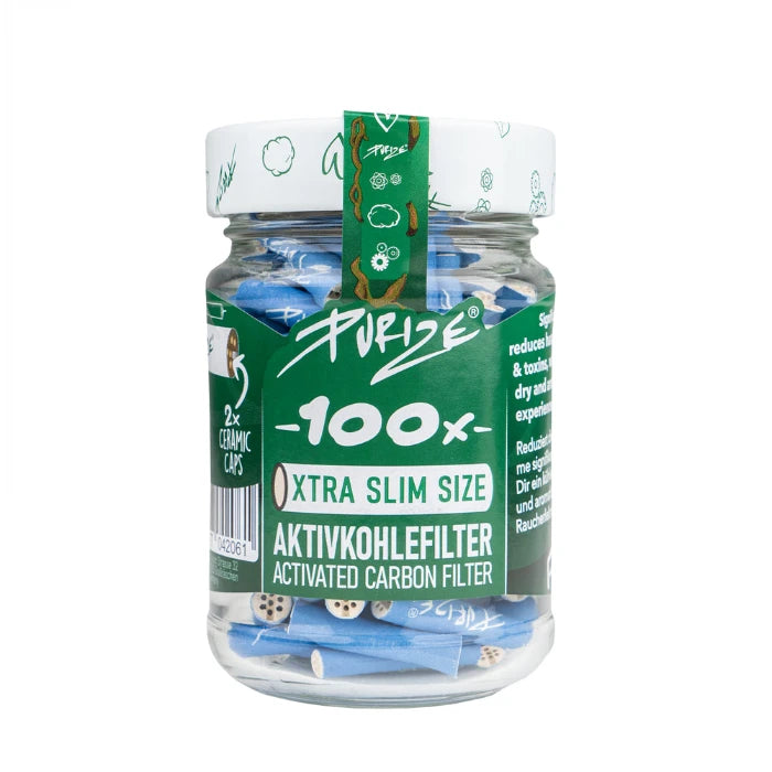 Purize XTRA Slim 100 Blue glass jar, standing upright.