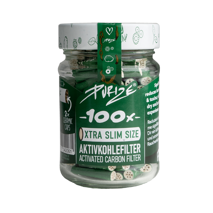 Purize XTRA Slim 100 Green glass jar, standing upright.