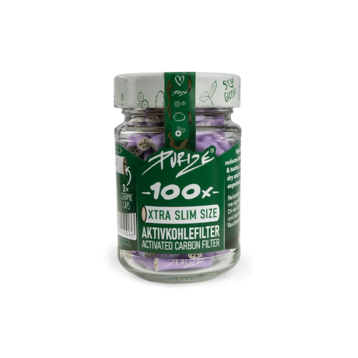 lass jar of Purize XTRA Slim 100 Lilac filter tips.