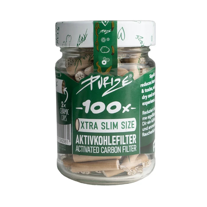 Glass jar of Purize XTRA Slim 100 Organic filter tips.