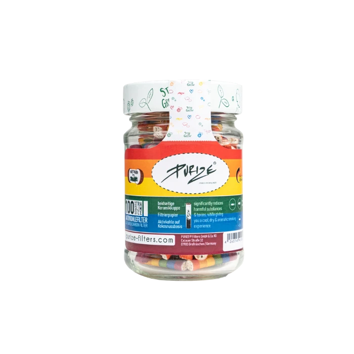 Glass jar of Purize XTRA Slim 100 Rainbow filter tips.