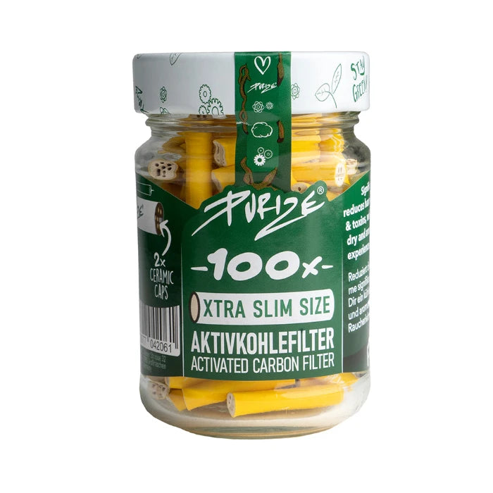 Purize XTRA Slim 100 Yellow glass jar, standing upright.