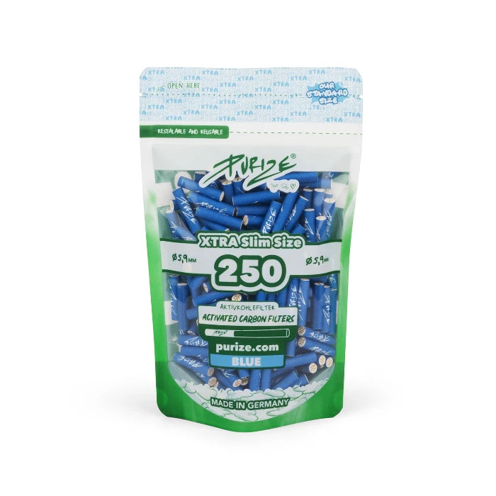 Purize XTRA Slim 250 Blue filter tips in doypack, upright position.