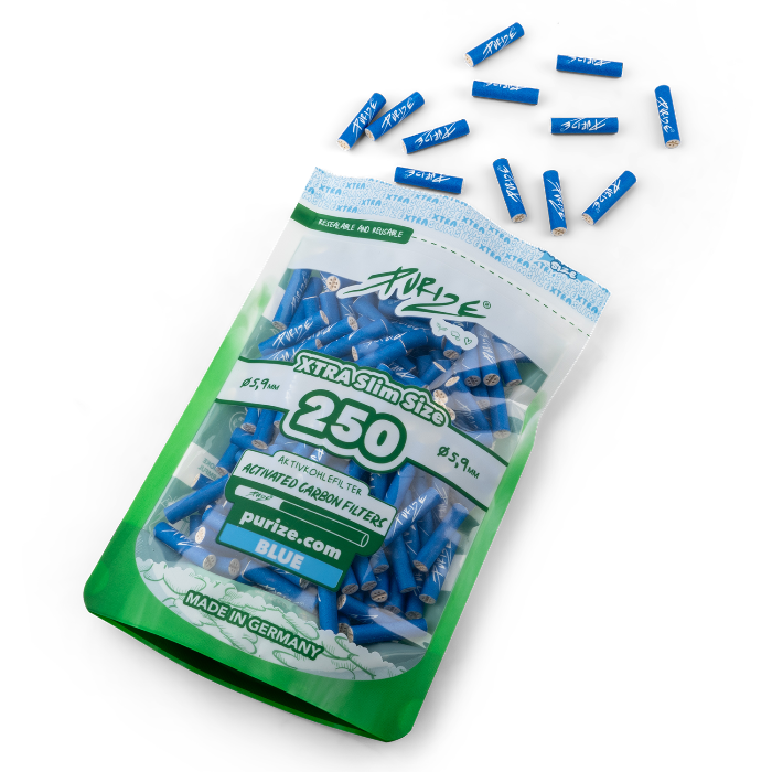 Purize XTRA Slim 250 Blue opened doypack with filter tips spilling out.