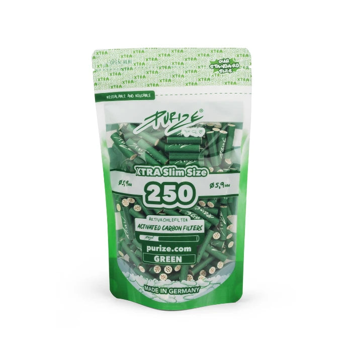 Purize XTRA Slim 250 Green filter tips in doypack, upright position.