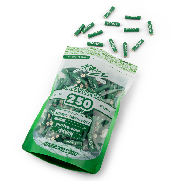 Purize XTRA Slim 250 Green opened doypack with filter tips spilling out.