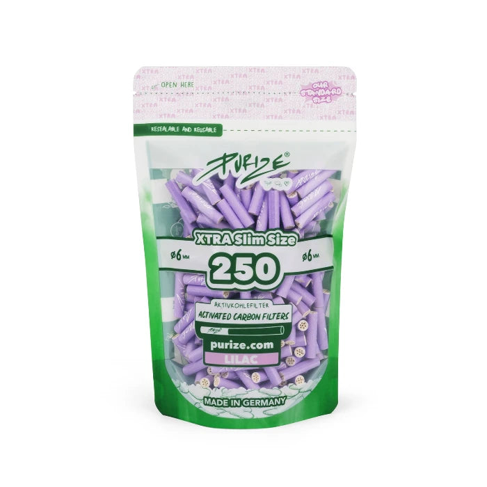 Purize XTRA Slim 250 Lilac filter tips in doypack, upright position.