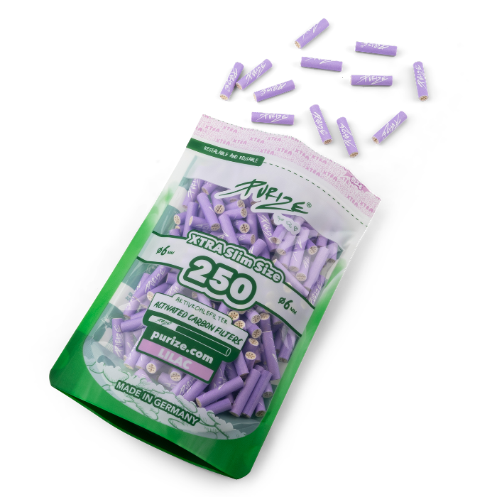 Purize XTRA Slim 250 Lilac opened doypack with filter tips spilling out.
