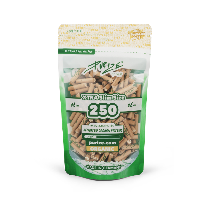 Purize XTRA Slim 250 Organic filter tips in doypack, upright position.