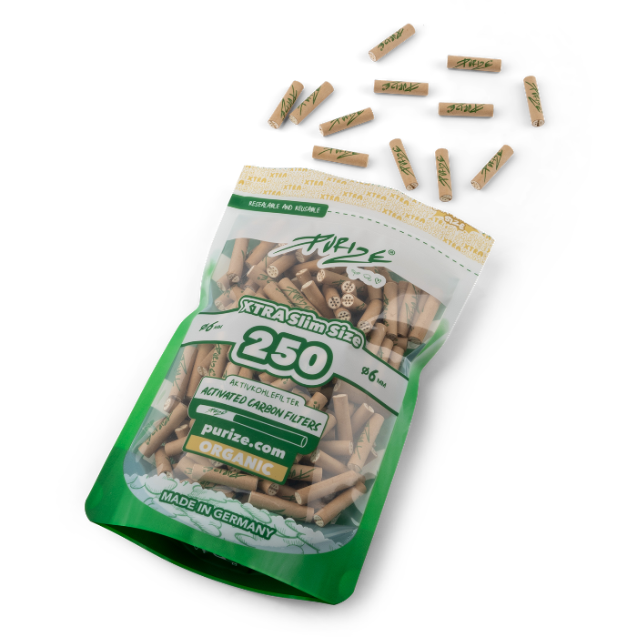 Purize XTRA Slim 250 Organic opened doypack with filter tips spilling out.