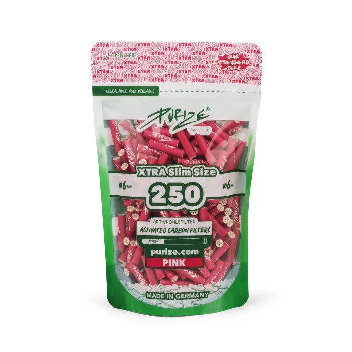 Purize XTRA Slim 250 Pink filter tips in doypack, upright position.