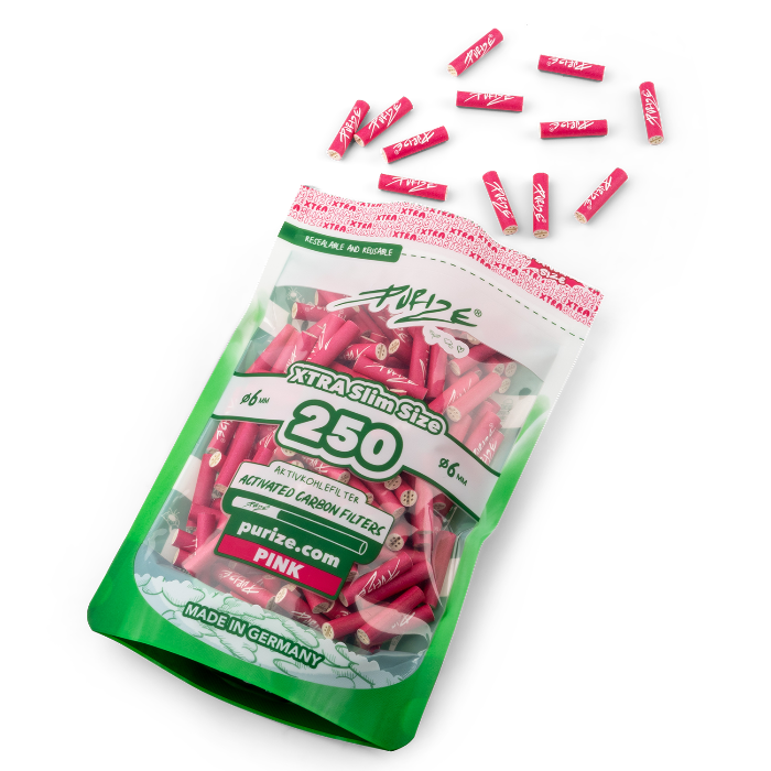 Purize XTRA Slim 250 Pink opened doypack with filter tips spilling out.