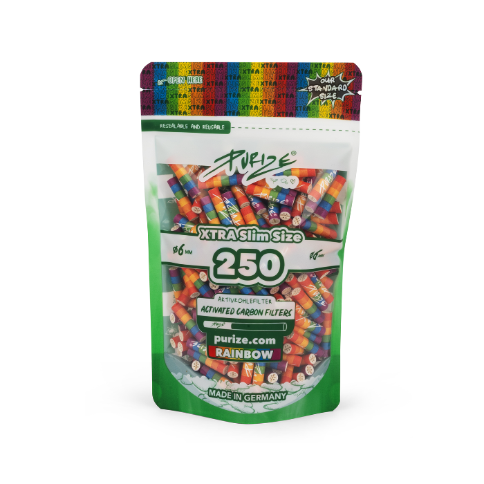 Purize XTRA Slim 250 Rainbow filter tips in doypack, upright position.