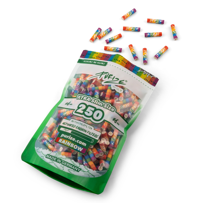 Purize XTRA Slim 250 Rainbow opened doypack with filter tips spilling out.