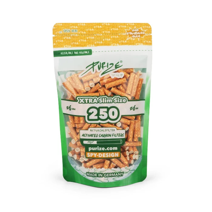 Purize XTRA Slim 250 Spy filter tips in doypack, upright position.