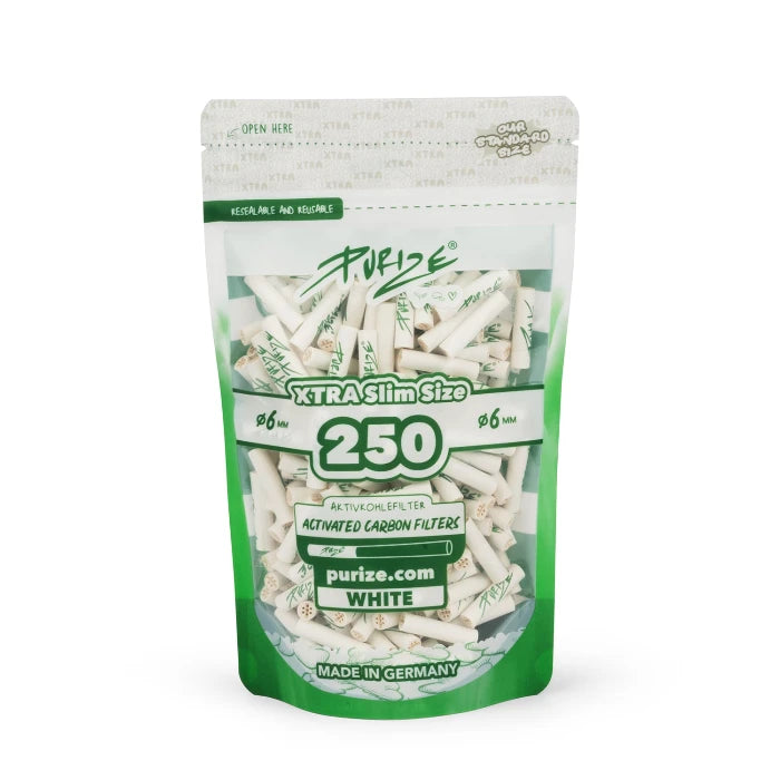 Purize XTRA Slim 250 White filter tips in doypack, upright position.