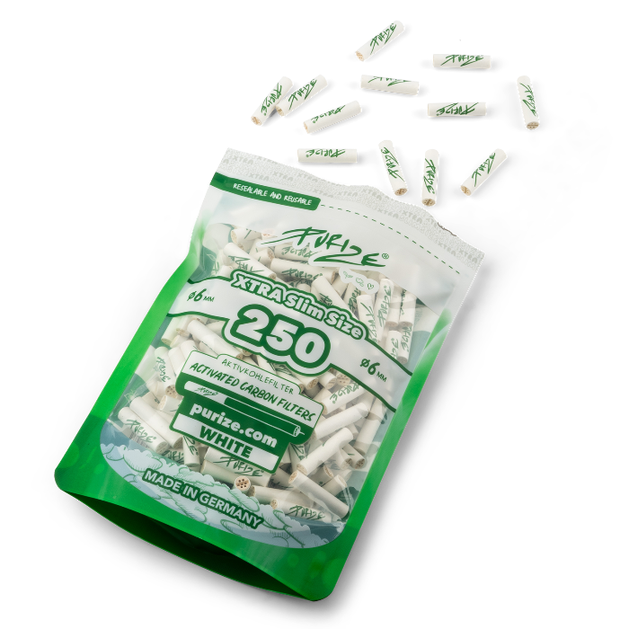 Purize XTRA Slim 250 White opened doypack with filter tips spilling out.