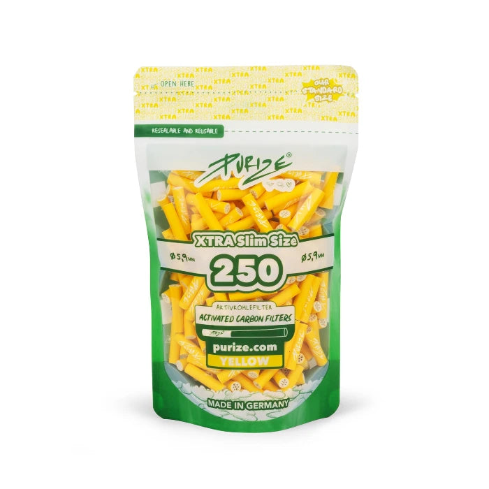 Purize XTRA Slim 250 Yellow filter tips in doypack, upright position.