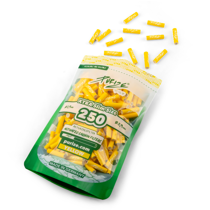 Purize XTRA Slim 250 Yellow opened doypack with filter tips spilling out.
