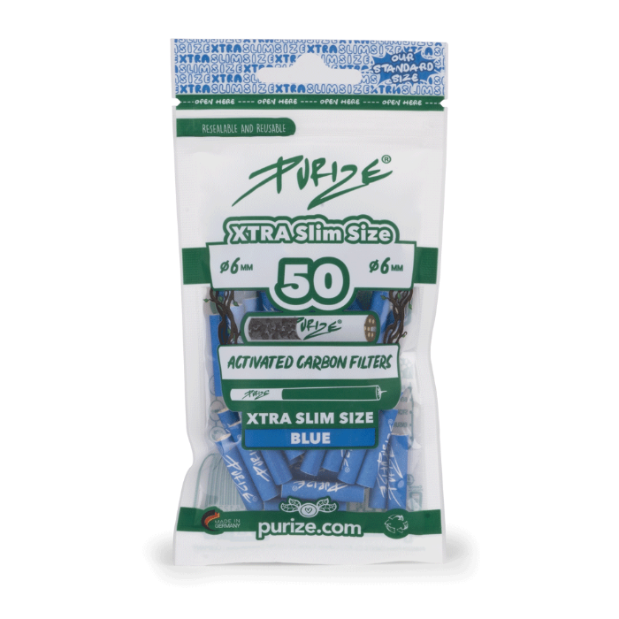 Purize XTRA Slim 50 Blue filter tips in doypack, upright position.