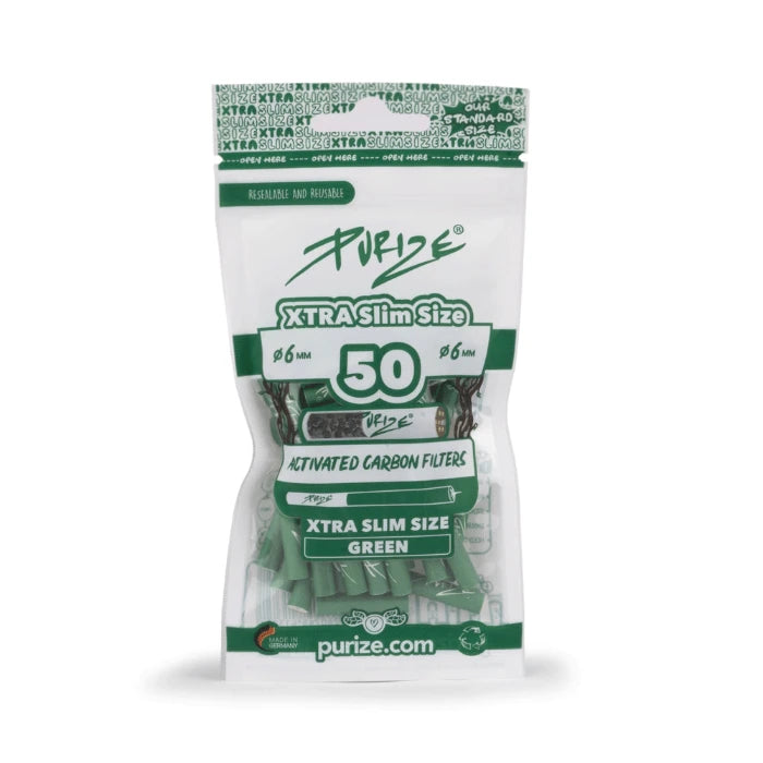 Purize XTRA Slim 50 Green filter tips in doypack, upright position.