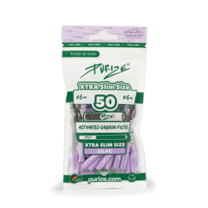 Purize XTRA Slim 50 Lilac filter tips in doypack, upright position.