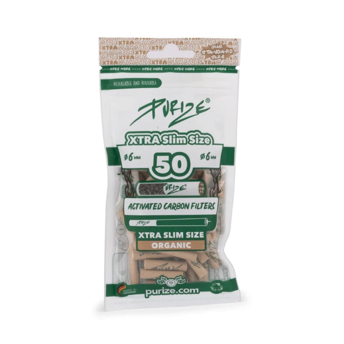 Purize XTRA Slim 50 Organic doypack with filter tips, standing upright.