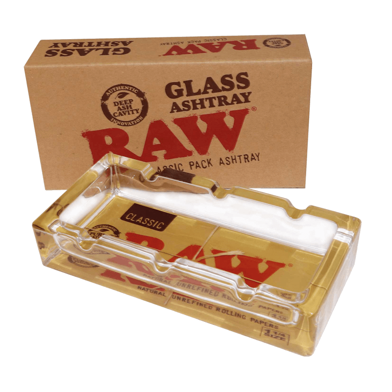 Raw Ash Pack CLS ashtray in front of its box.