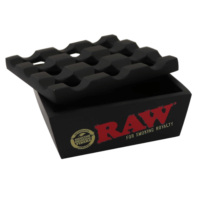 Raw Ash Regal Black ashtray, placed with its lid slightly off-center.