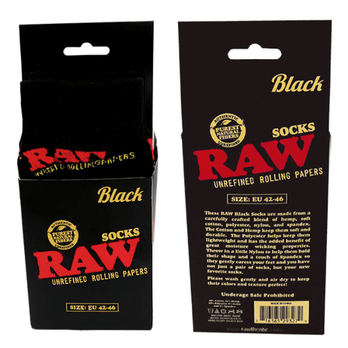 RAW Black Socks box, front and back views.