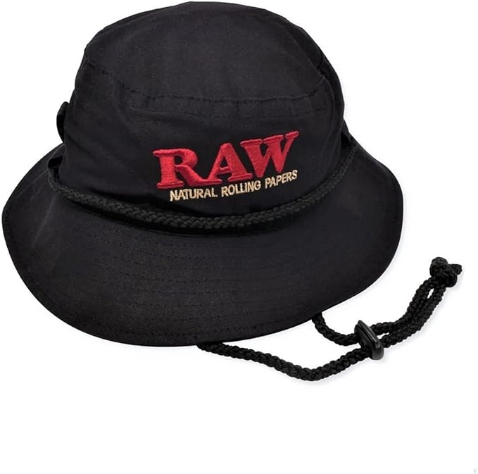 RAW® Bucket Hat Black made of breathable polyester, featuring a ventilated design, the iconic RAW® logo, cone slots, and an adjustable neck string for a customizable fit.