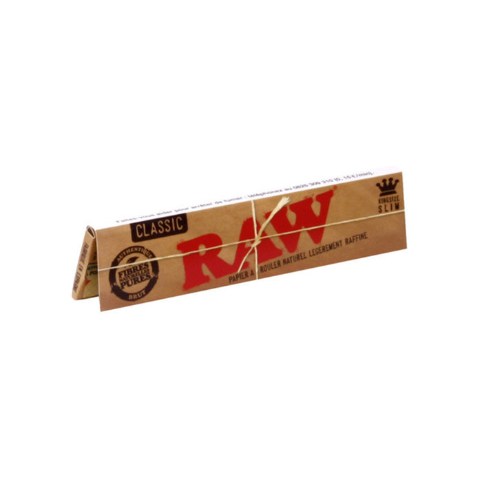 Close-up of Raw Classic King Size Slim Rolling Papers pack, standing on its side.