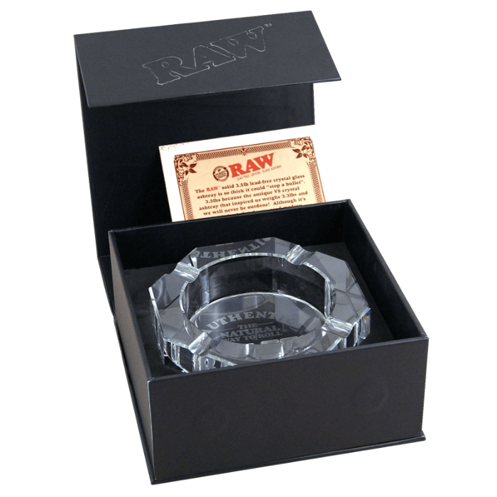 Raw Lead-Free Crystal Ashtray in box.