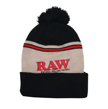 RAW Pompom Hat Black/Brown, standing upright.