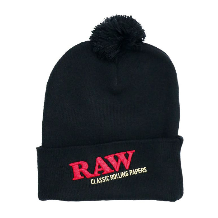 RAW Pompom Hat Black, standing upright.