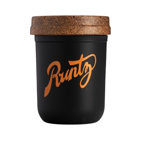 Re:stash X Runtz Black & Orange Mason Stash Jar 8oz, standing upright front view.