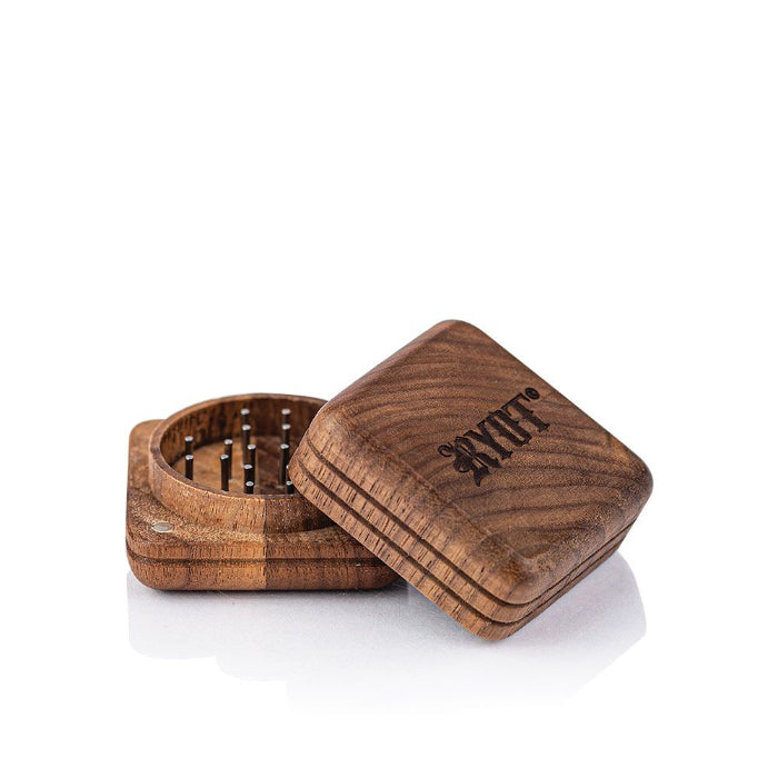 RYOT® 1905 Wood Grinder SLIM Walnut, opened and placed flat.