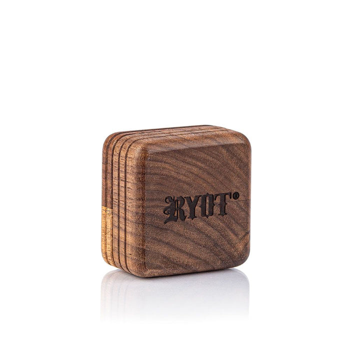 RYOT® 1905 Wood Grinder SLIM Walnut, standing on its side, closed.