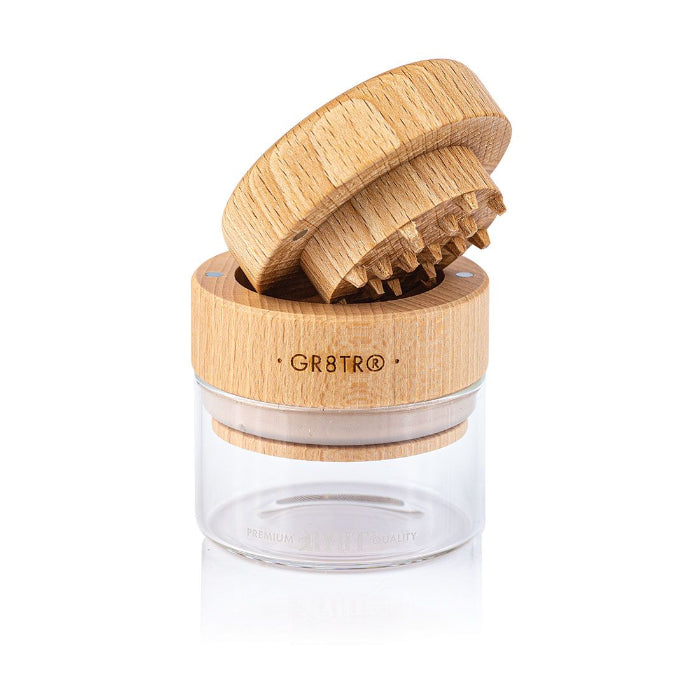 RYOT® Wood GR8TR with Clear Jar Body and Beech Top, opened and placed flat.