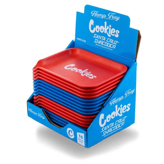 Santa Cruz Cookies Hemp Trays Small display floating with red and blue trays inside.