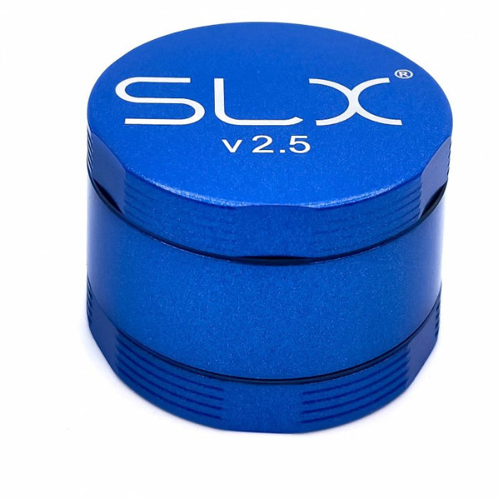 SLX 2.5 Aluminium Non-Sticky Grinder 50 mm Blue standing upright.