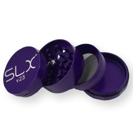 SLX 2.5 Aluminium Non-Sticky Grinder 50 mm Purple dismantled, with all parts displayed.