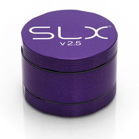 SLX 2.5 Aluminium Non-Sticky Grinder 50 mm Purple standing upright.