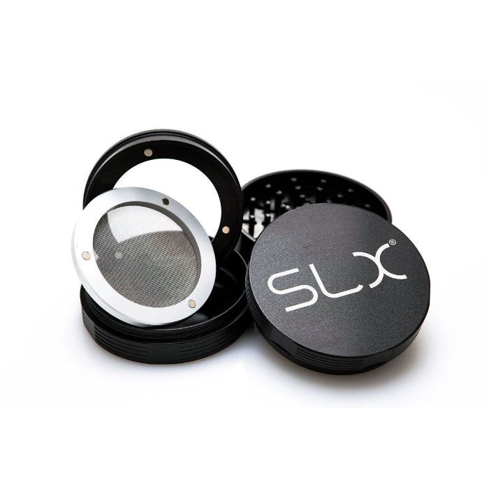 SLX Aluminium Non-Sticky Grinder 88 mm Black, dismantled with parts spread out.