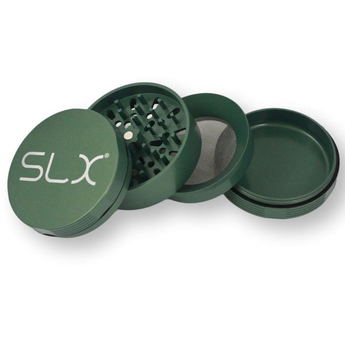 SLX Aluminium Non-Sticky Grinder 88 mm Green, 4-part grinder dismantled with all parts displayed.
